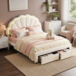Upholstered Double Bed Frame with LED Headboard and Storage
