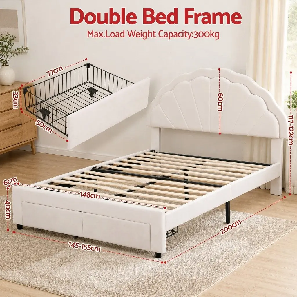 Upholstered Double Bed Frame with LED Headboard and Storage