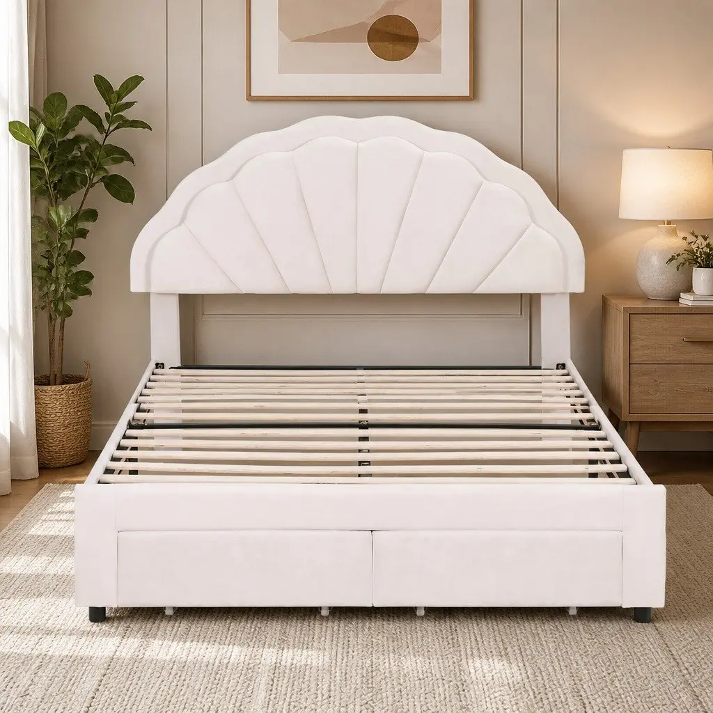 Upholstered Double Bed Frame with LED Headboard and Storage