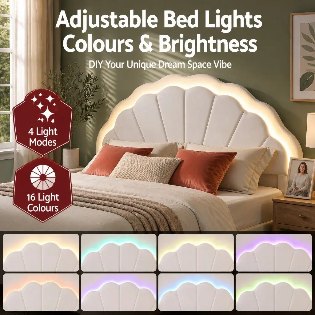 Upholstered Double Bed Frame with LED Headboard and Storage