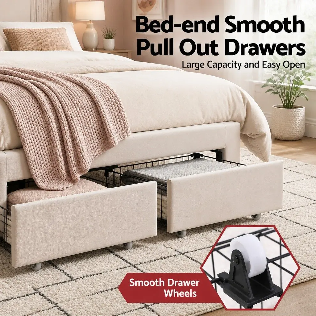 Upholstered Double Bed Frame with LED Headboard and Storage