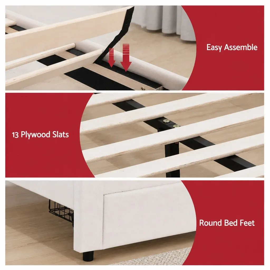 Upholstered Double Bed Frame with LED Headboard and Storage
