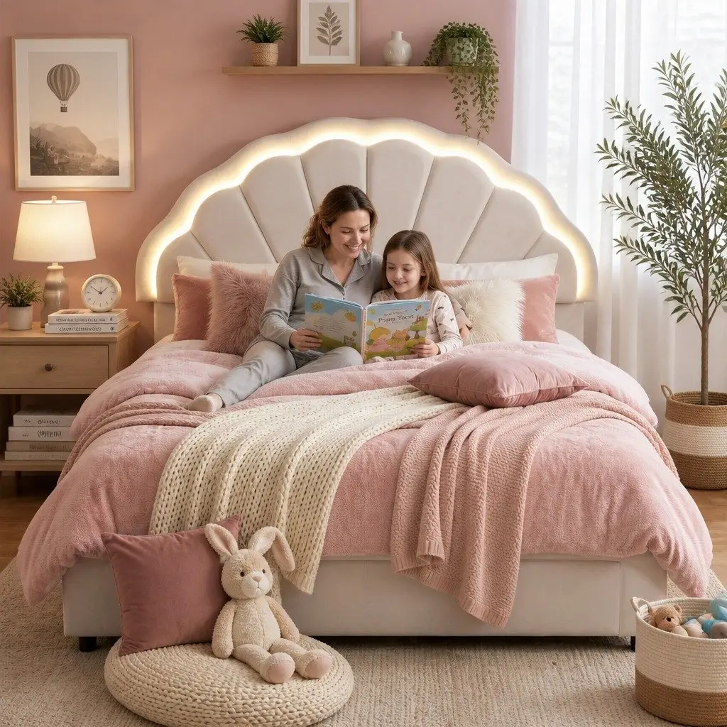 Upholstered Double Bed Frame with LED Headboard and Storage