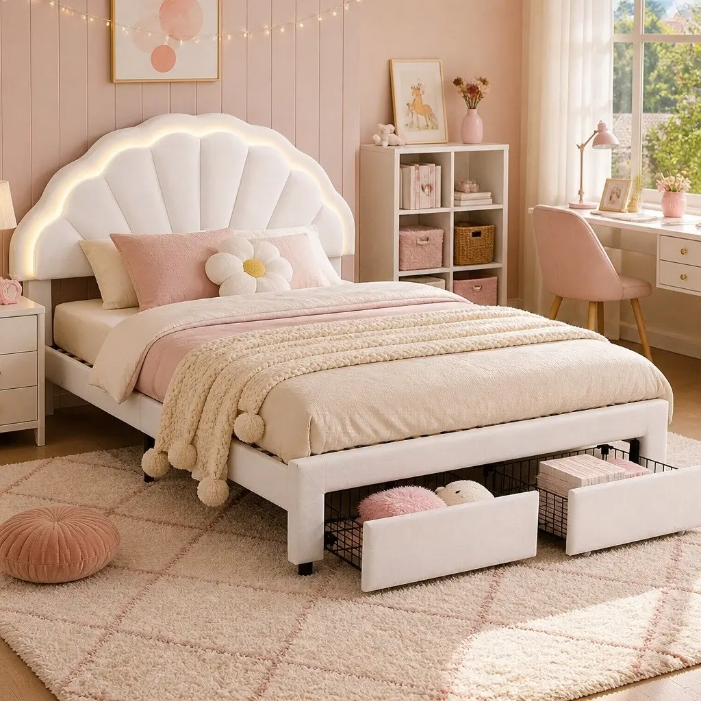 Upholstered Double Bed Frame with LED Headboard and Storage