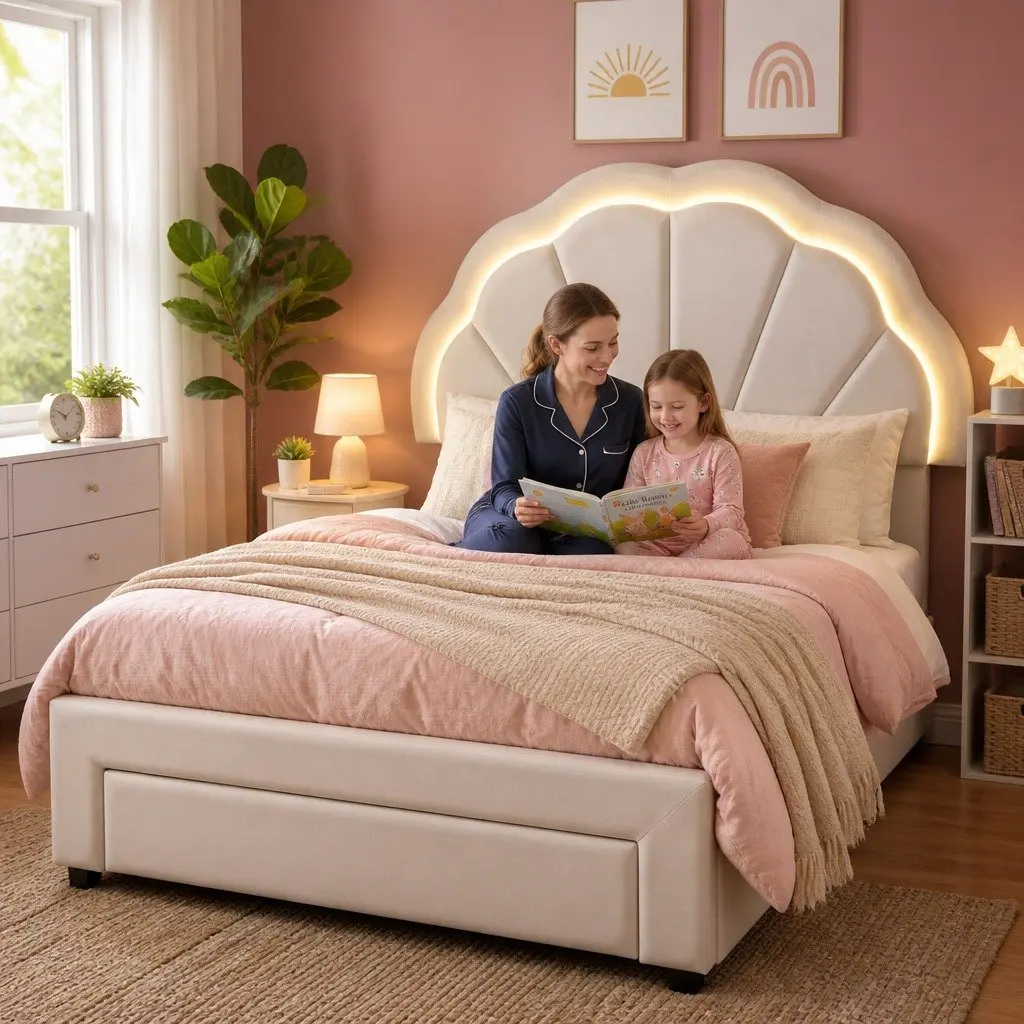 Upholstered King Single Bed Frame with LED Headboard