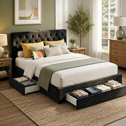 Upholstered Double Bed Frame with Storage and Charging