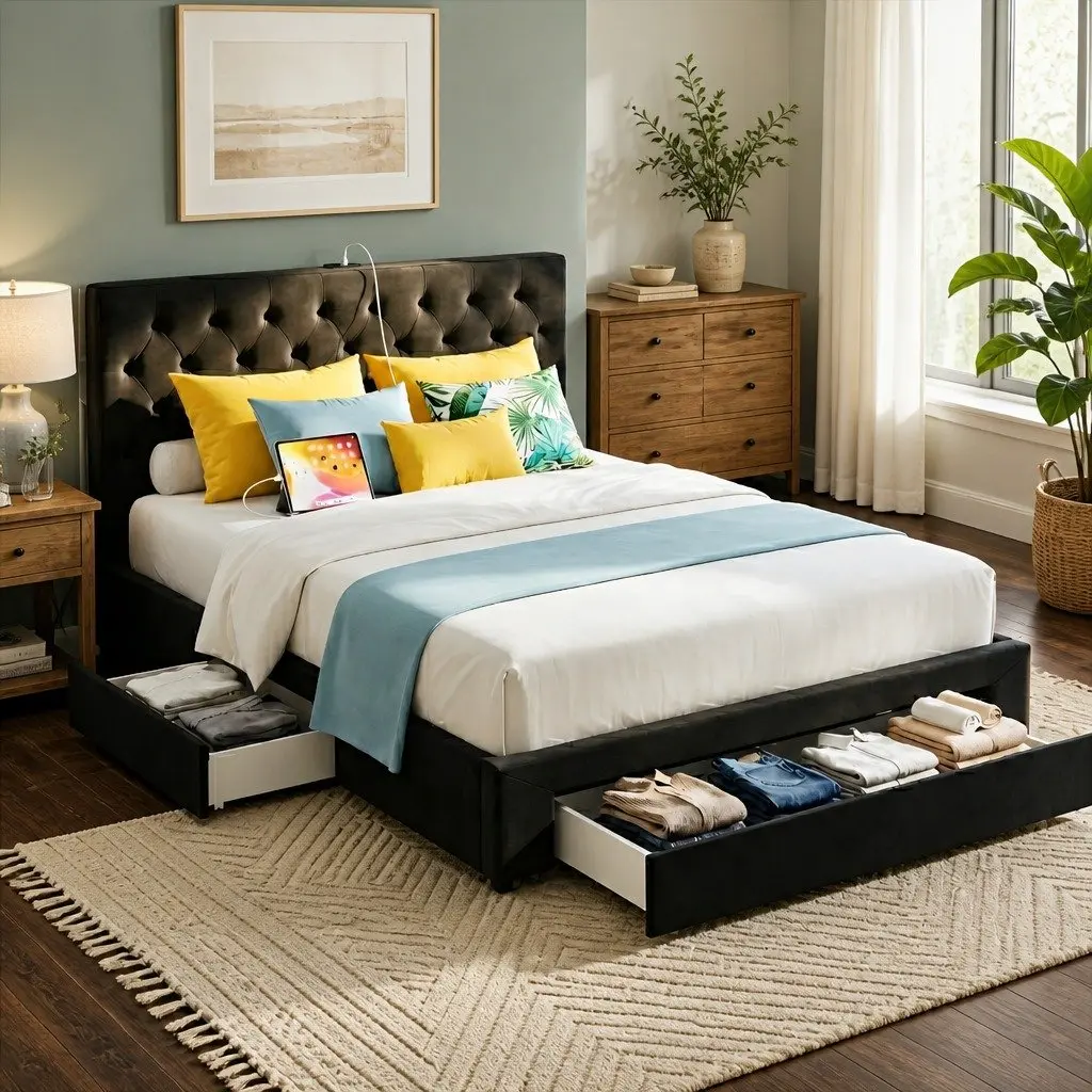 King Bed Frame Upholstered Black with Storage Drawers Charging Station USB Type-C 195W x 222L x 110H cm Plywood Solid Wood Linen Sponge