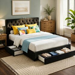 King Bed Frame with USB Charging and Storage Drawers