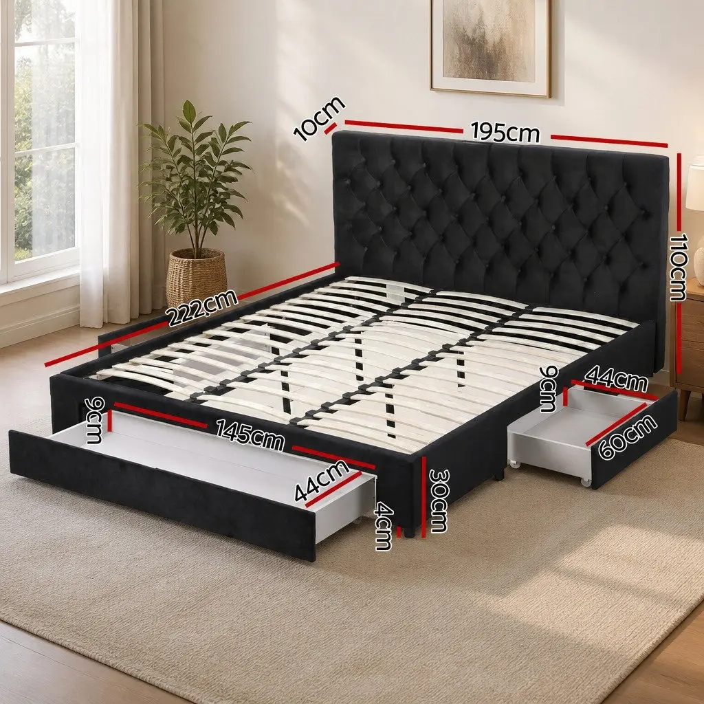 King Bed Frame Upholstered Black with Storage Drawers Charging Station USB Type-C 195W x 222L x 110H cm Plywood Solid Wood Linen Sponge