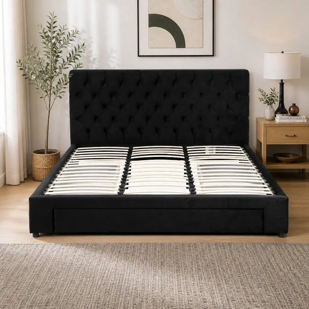 King Bed Frame Upholstered Black with Storage Drawers Charging Station USB Type-C 195W x 222L x 110H cm Plywood Solid Wood Linen Sponge
