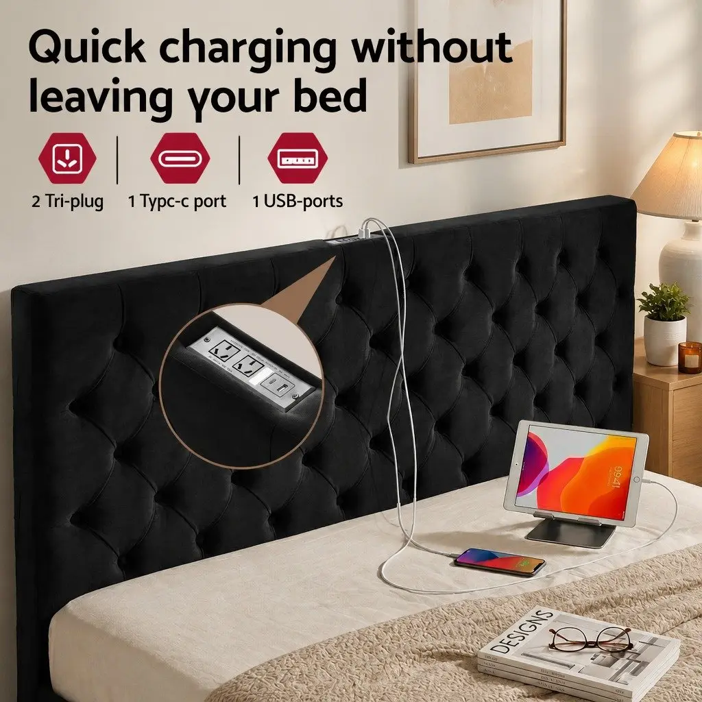 King Bed Frame Upholstered Black with Storage Drawers Charging Station USB Type-C 195W x 222L x 110H cm Plywood Solid Wood Linen Sponge