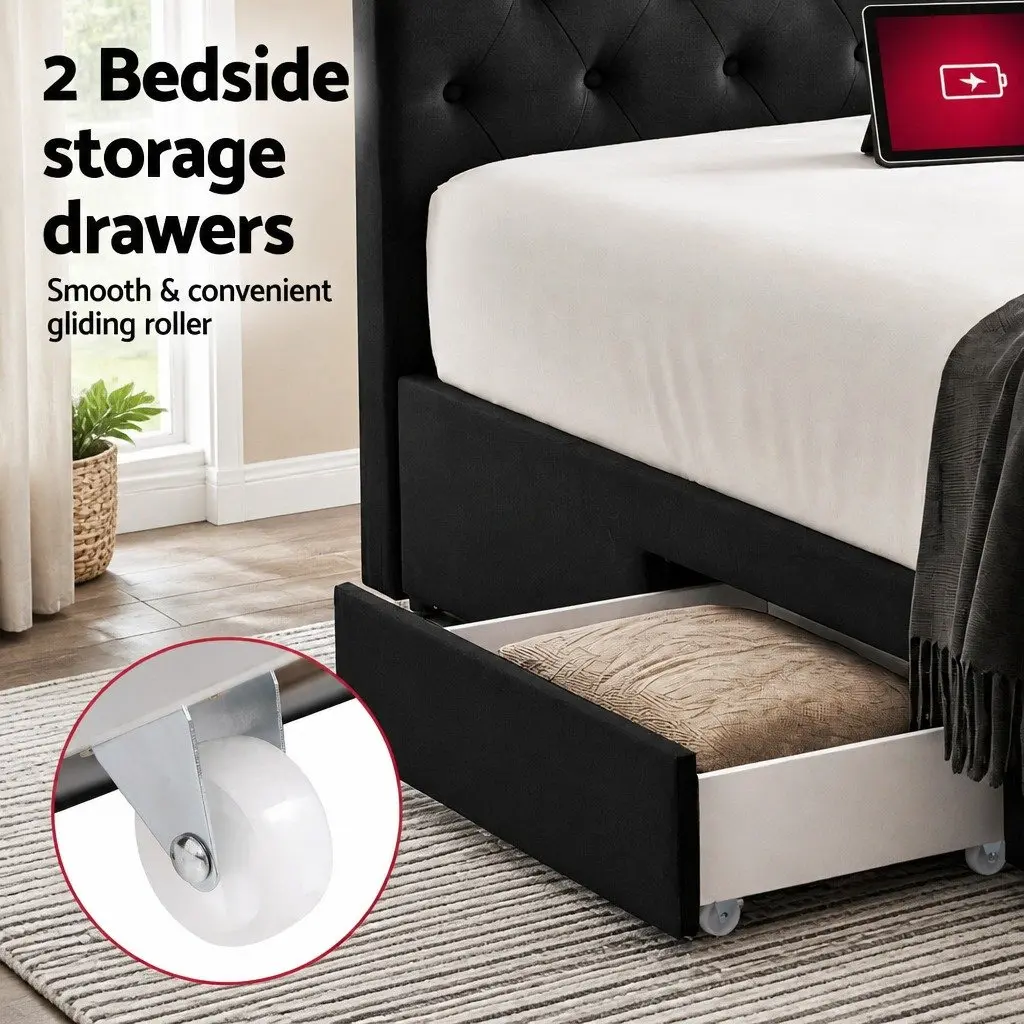 King Bed Frame Upholstered Black with Storage Drawers Charging Station USB Type-C 195W x 222L x 110H cm Plywood Solid Wood Linen Sponge
