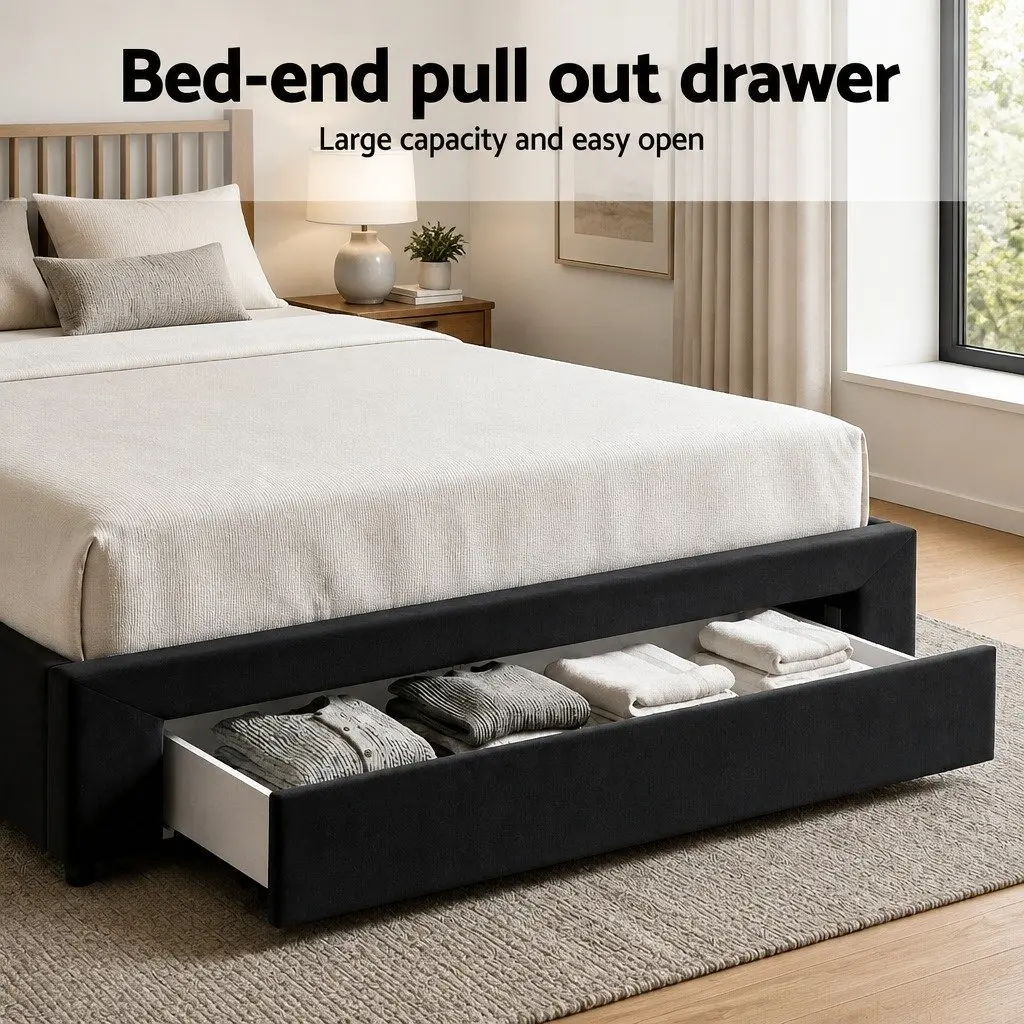 King Bed Frame Upholstered Black with Storage Drawers Charging Station USB Type-C 195W x 222L x 110H cm Plywood Solid Wood Linen Sponge