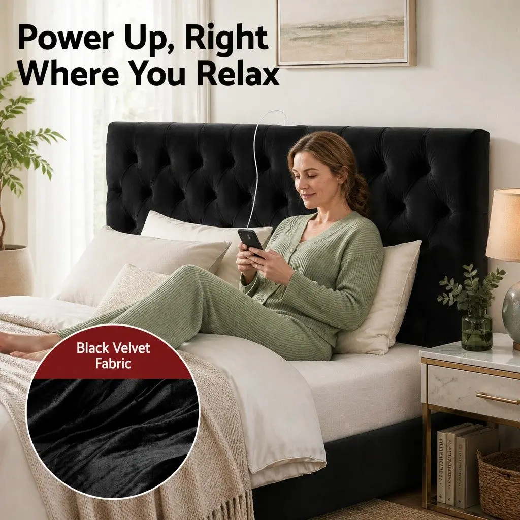 King Bed Frame Upholstered Black with Storage Drawers Charging Station USB Type-C 195W x 222L x 110H cm Plywood Solid Wood Linen Sponge