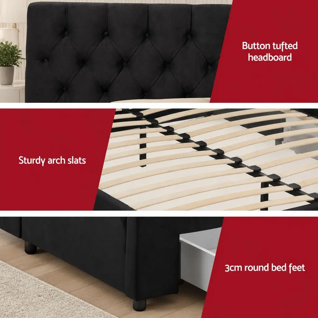 King Bed Frame Upholstered Black with Storage Drawers Charging Station USB Type-C 195W x 222L x 110H cm Plywood Solid Wood Linen Sponge