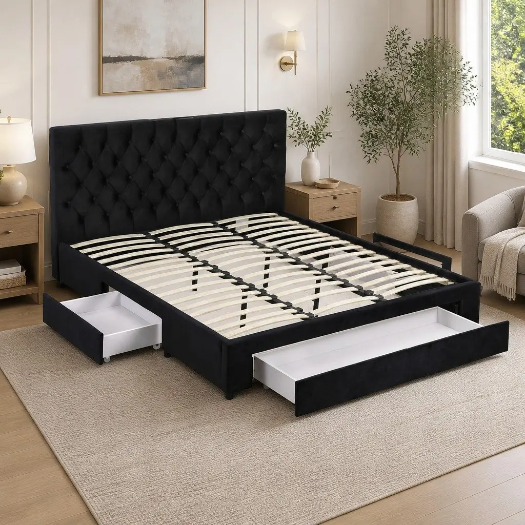 King Bed Frame Upholstered Black with Storage Drawers Charging Station USB Type-C 195W x 222L x 110H cm Plywood Solid Wood Linen Sponge