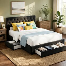 Upholstered Queen Bed Frame with Storage and Charging