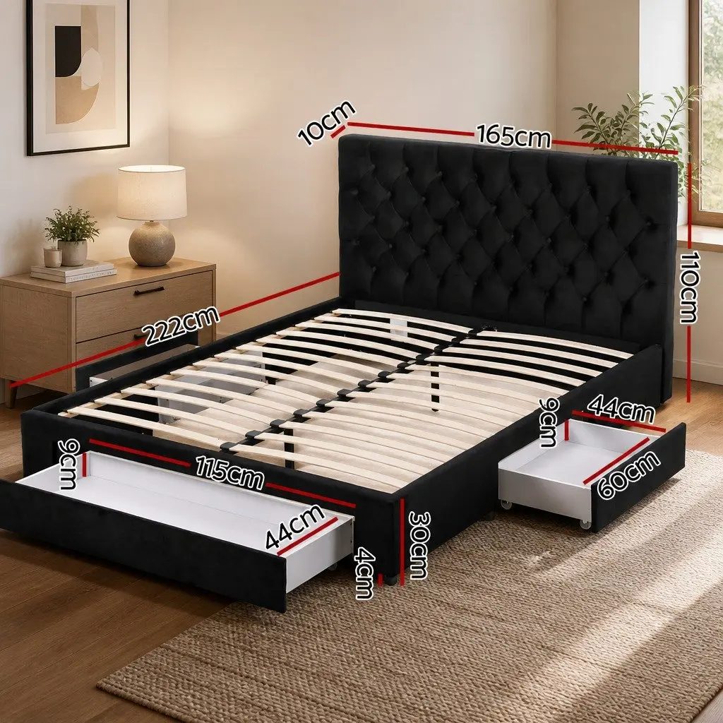 Queen Upholstered Bed Frame Black Velvet with Storage Drawers and Charging Station USB Type-C 165W x 222L x 110H cm
