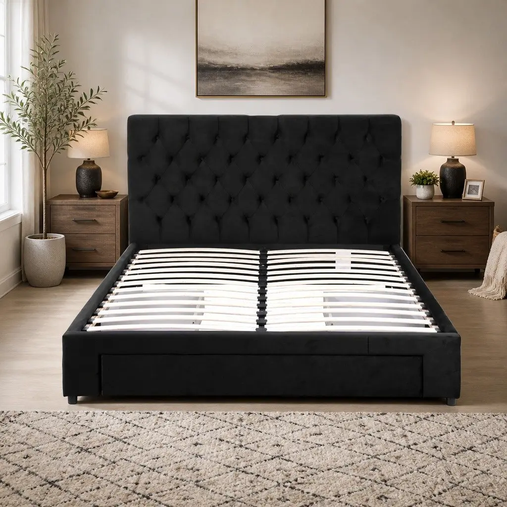 Queen Upholstered Bed Frame Black Velvet with Storage Drawers and Charging Station USB Type-C 165W x 222L x 110H cm