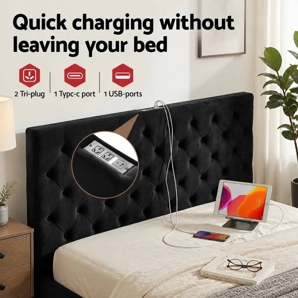 Queen Upholstered Bed Frame Black Velvet with Storage Drawers and Charging Station USB Type-C 165W x 222L x 110H cm