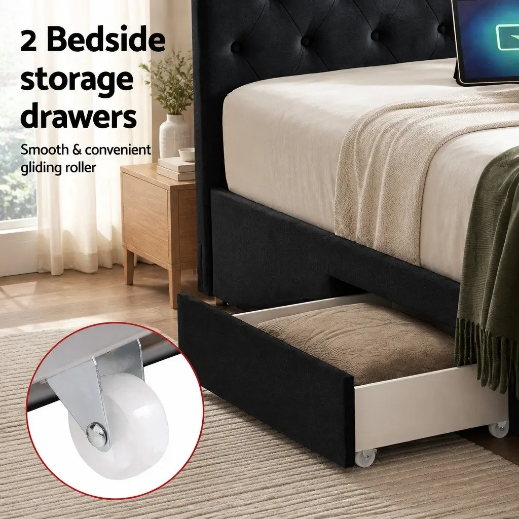Queen Upholstered Bed Frame Black Velvet with Storage Drawers and Charging Station USB Type-C 165W x 222L x 110H cm