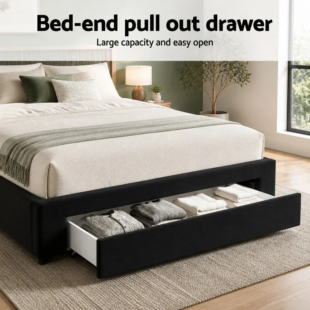 Queen Upholstered Bed Frame Black Velvet with Storage Drawers and Charging Station USB Type-C 165W x 222L x 110H cm