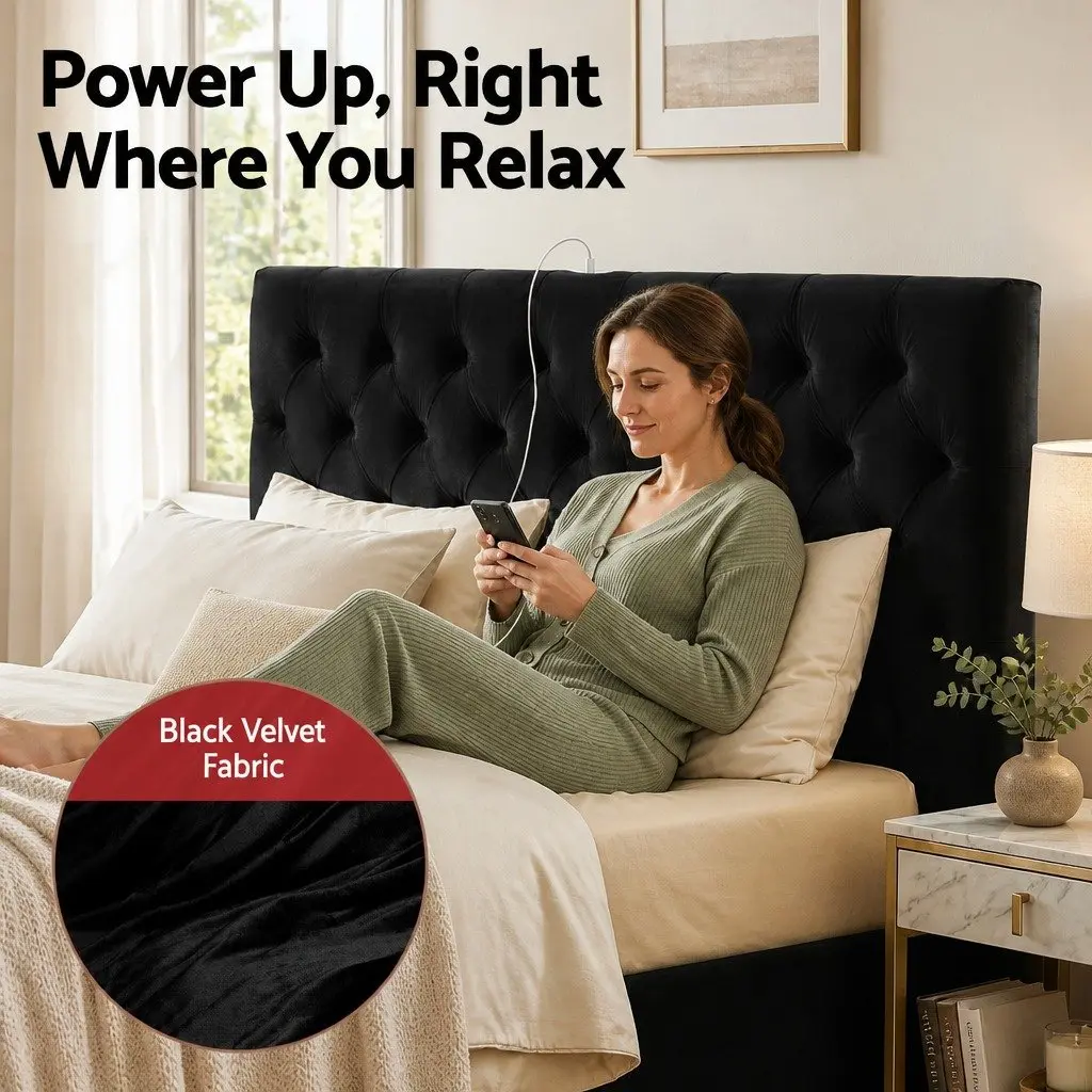 Queen Upholstered Bed Frame Black Velvet with Storage Drawers and Charging Station USB Type-C 165W x 222L x 110H cm