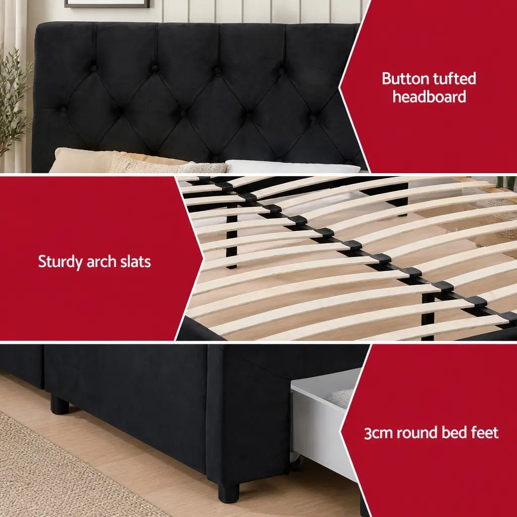Queen Upholstered Bed Frame Black Velvet with Storage Drawers and Charging Station USB Type-C 165W x 222L x 110H cm