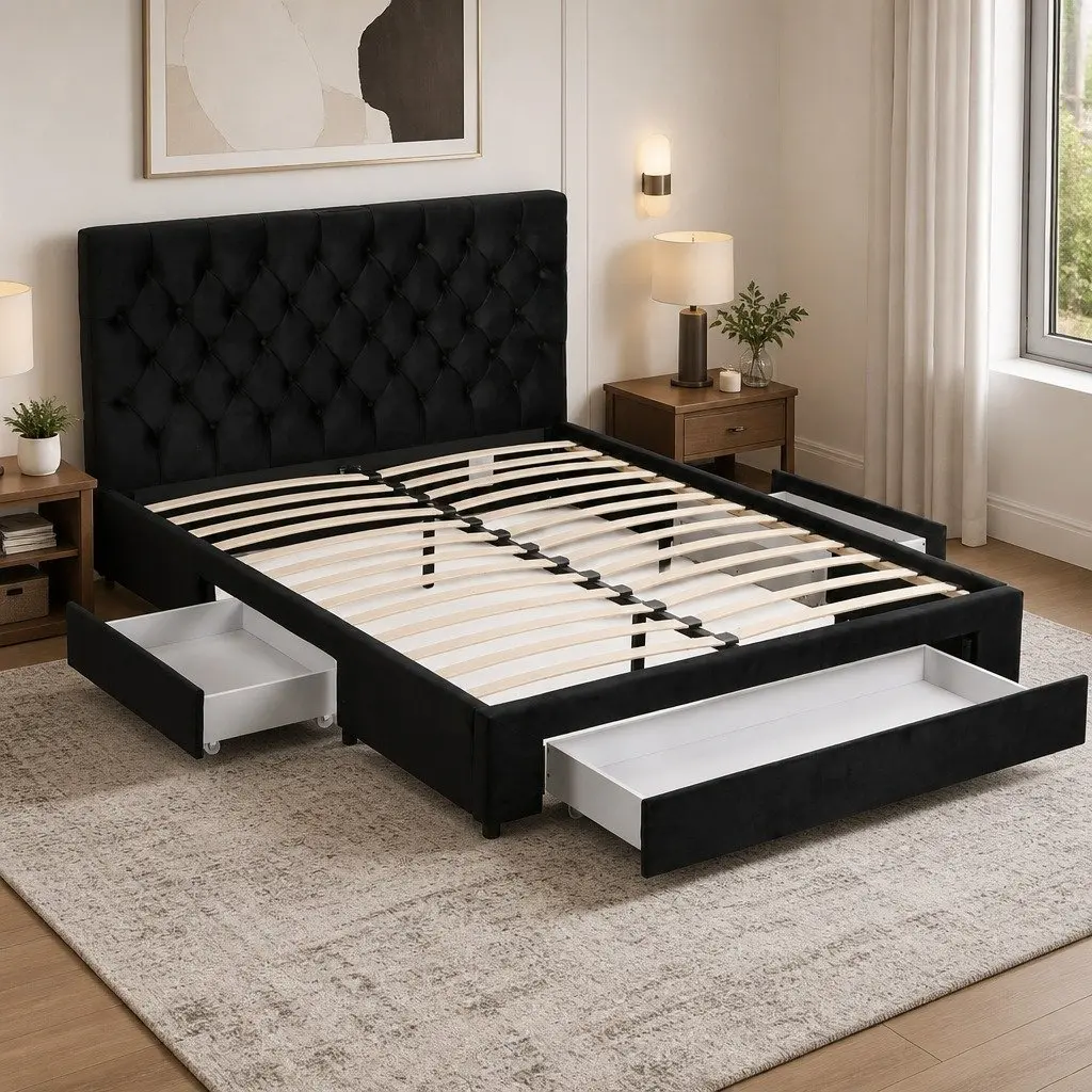 Queen Upholstered Bed Frame Black Velvet with Storage Drawers and Charging Station USB Type-C 165W x 222L x 110H cm