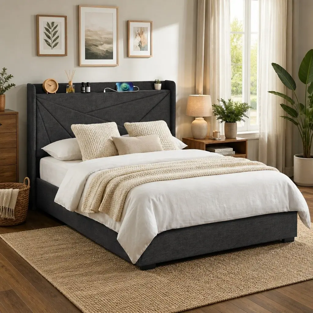 Double Bed Frame with Gas Lift Storage and Charging Ports