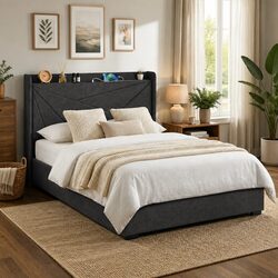 Double Bed Frame with Gas Lift Storage and Charging Ports