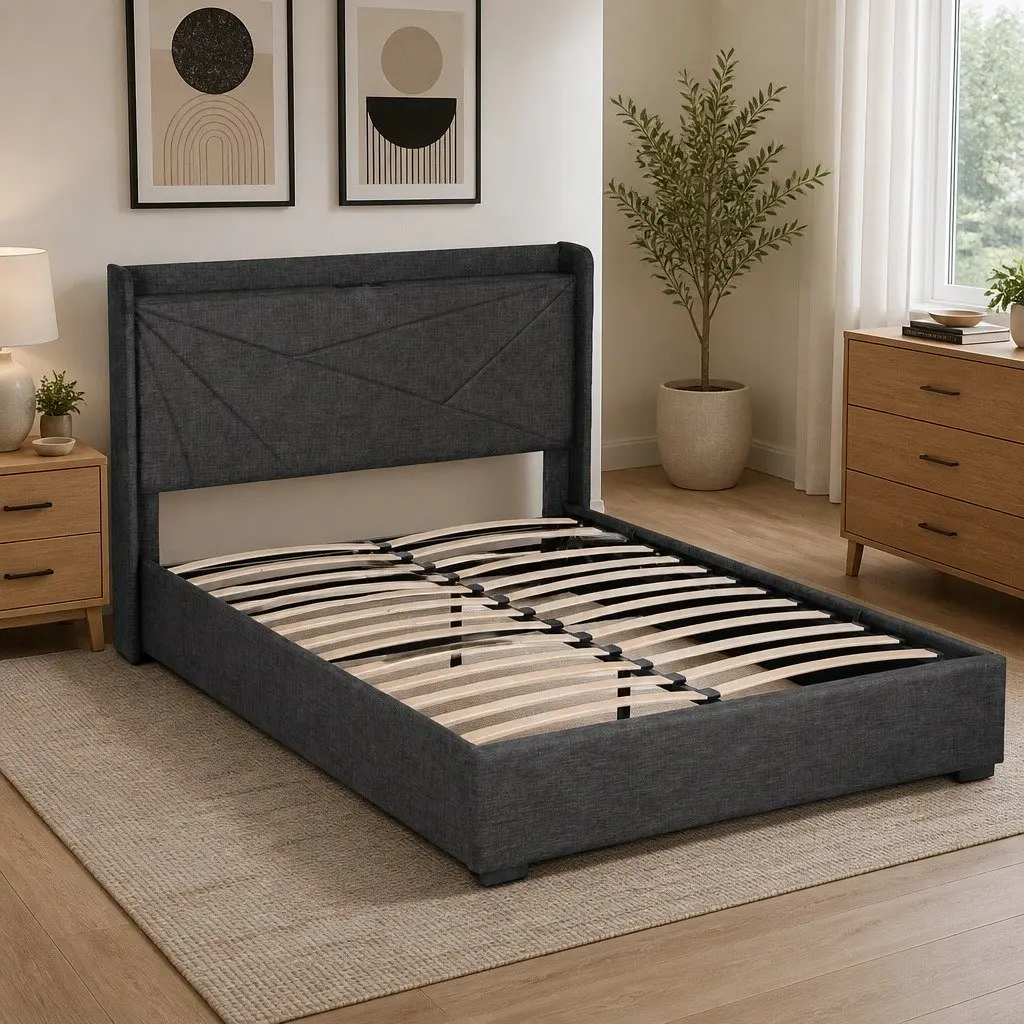 Double Bed Frame with Gas Lift Storage and Charging Ports