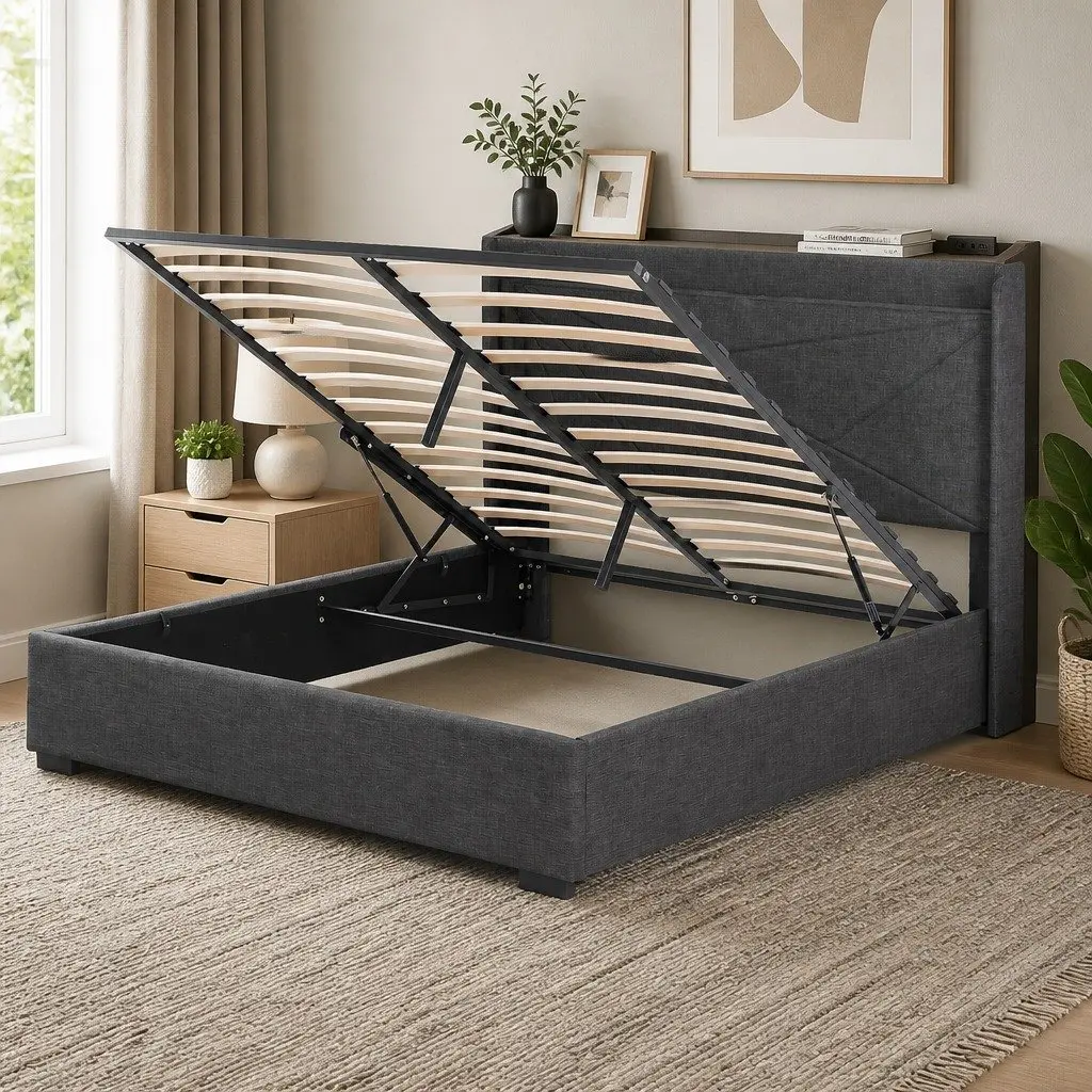 Double Bed Frame with Gas Lift Storage and Charging Ports