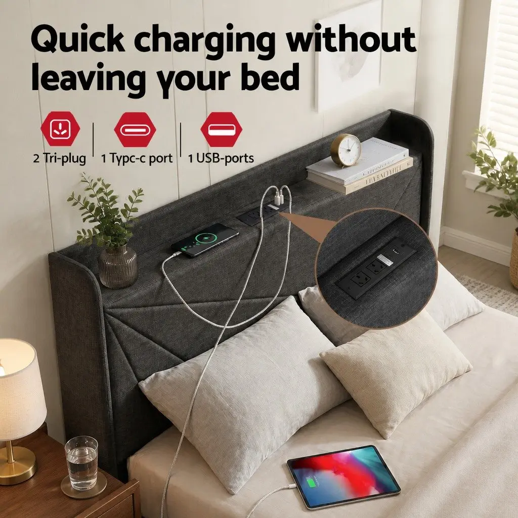 Double Bed Frame with Gas Lift Storage and Charging Ports
