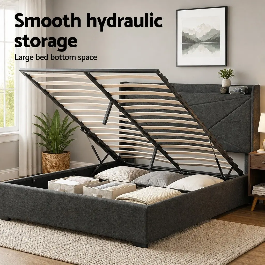 Double Bed Frame with Gas Lift Storage and Charging Ports