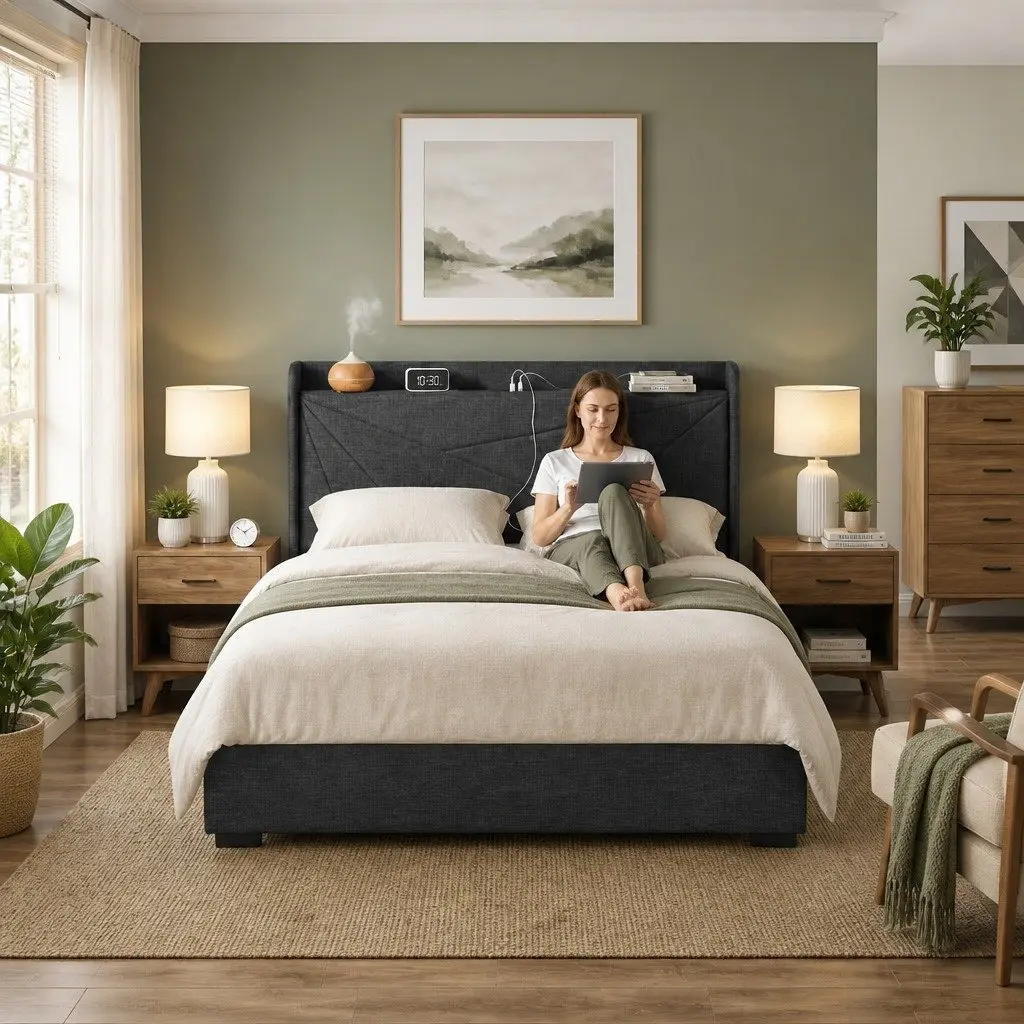 Double Bed Frame with Gas Lift Storage and Charging Ports