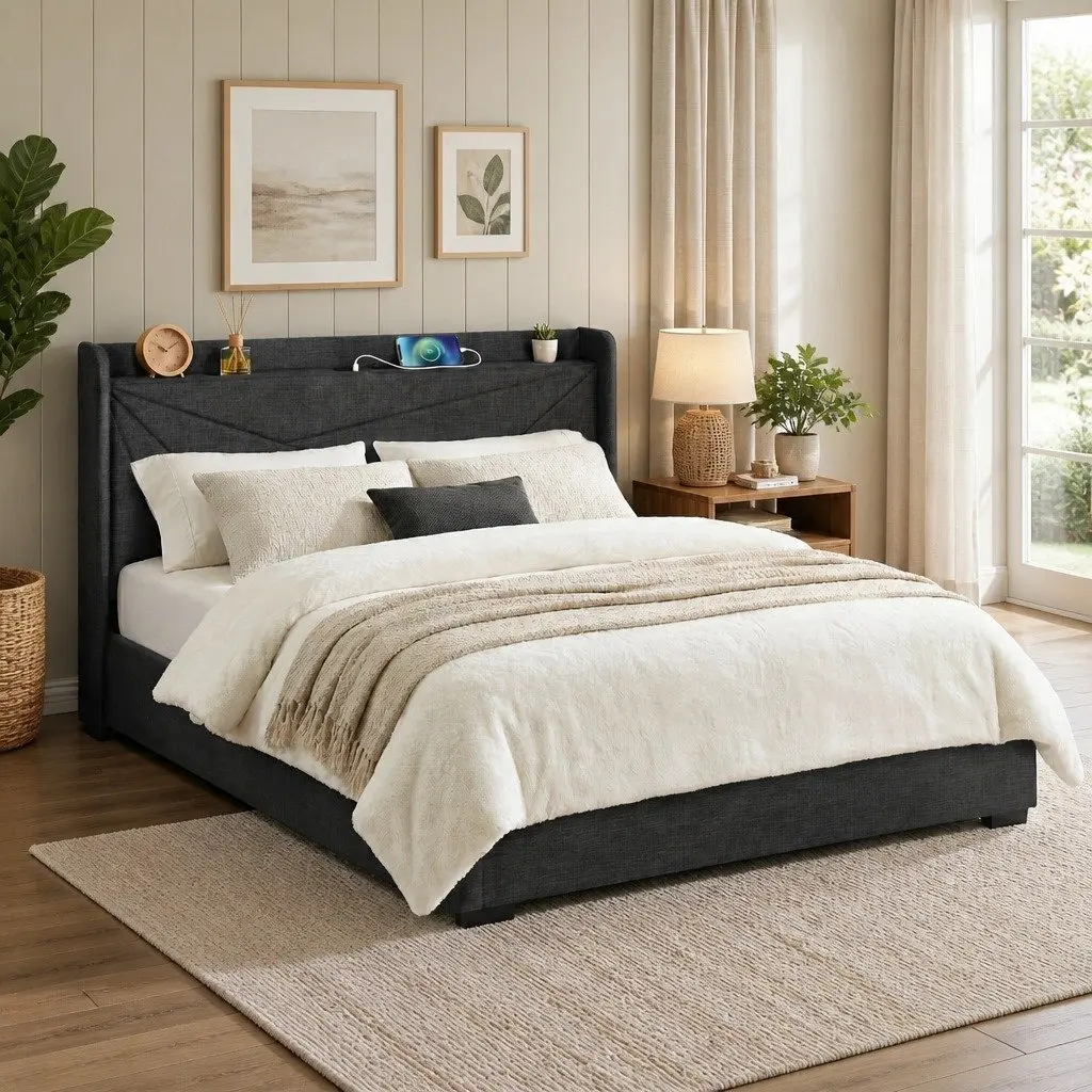 King Bed Frame Upholstered Charcoal Grey Gas Lift Storage with Charging Ports
