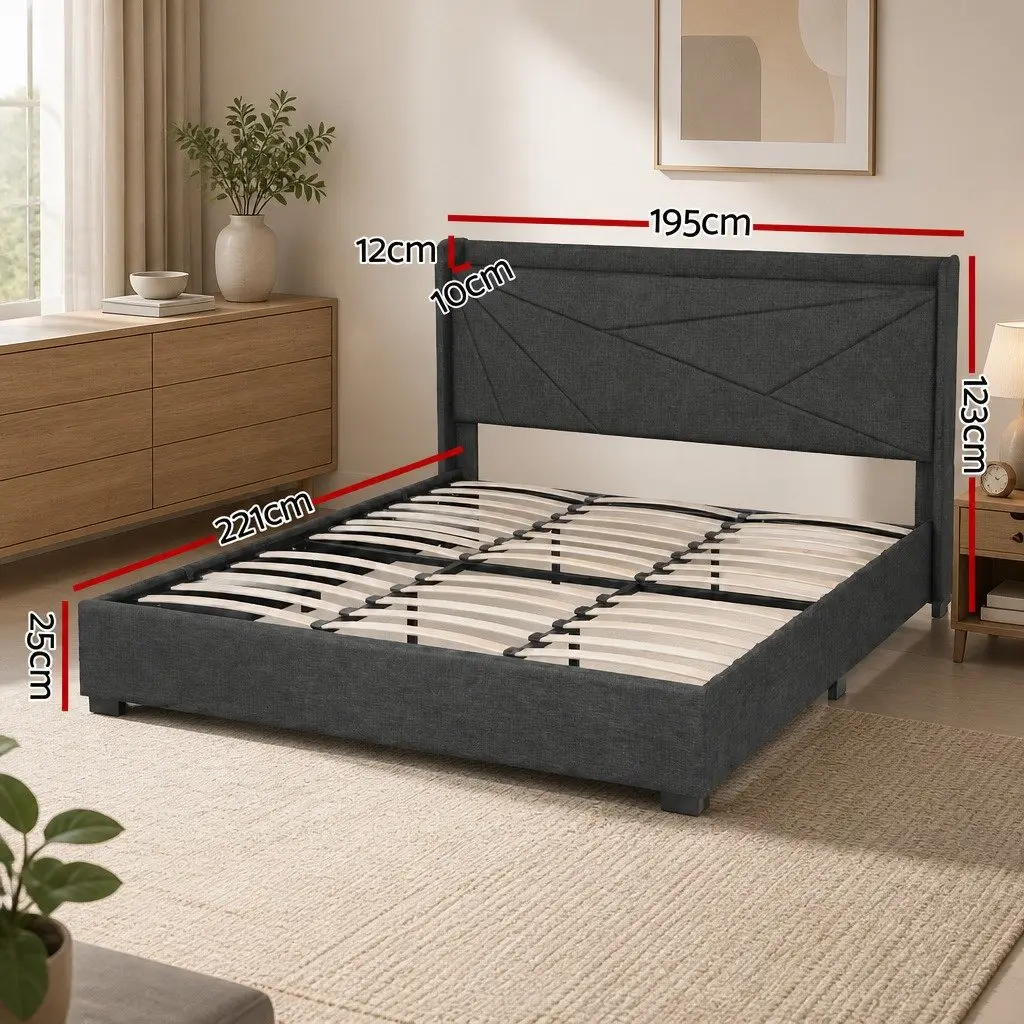 King Bed Frame Upholstered Charcoal Grey Gas Lift Storage with Charging Ports