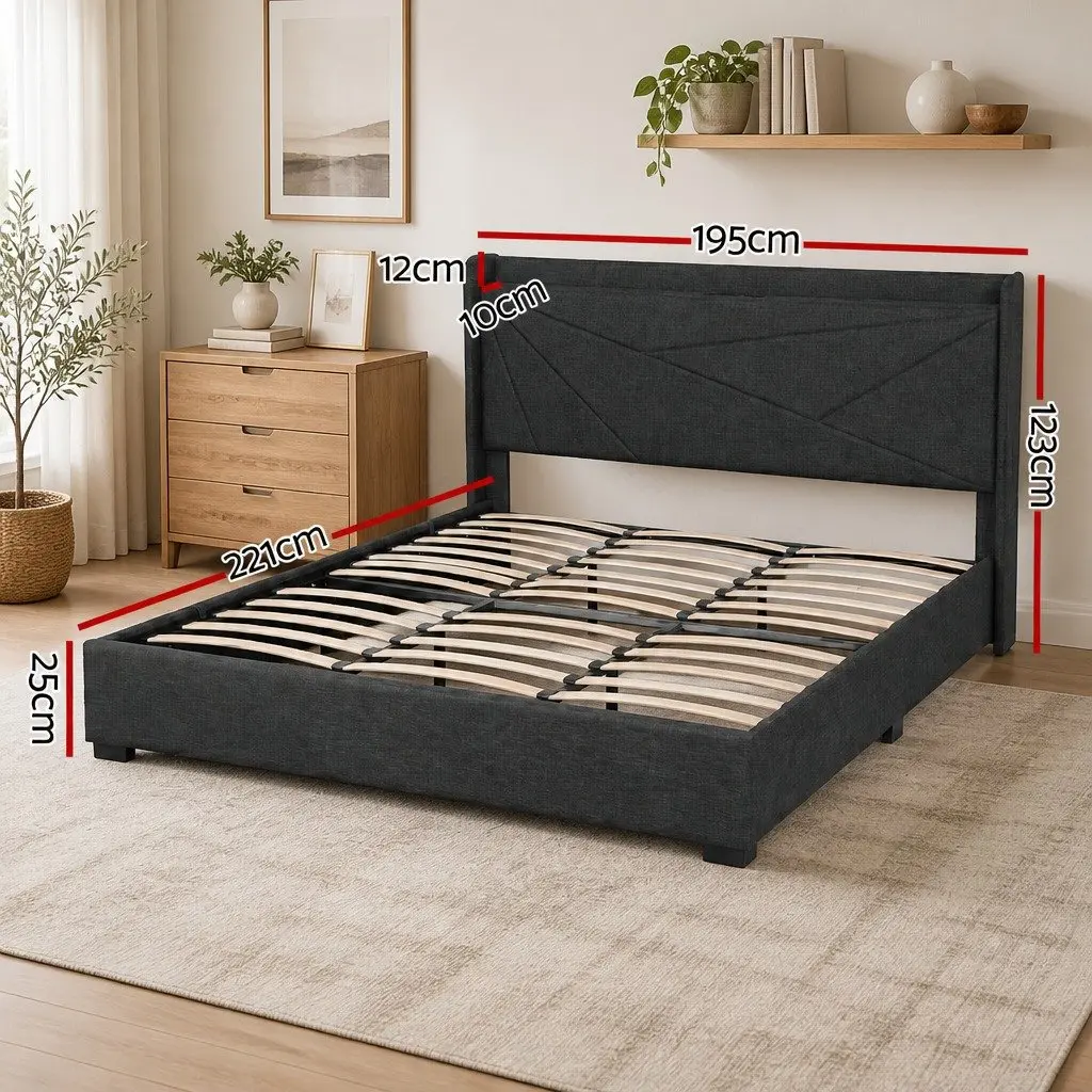 King Bed Frame Upholstered Charcoal Grey Gas Lift Storage with Charging Ports