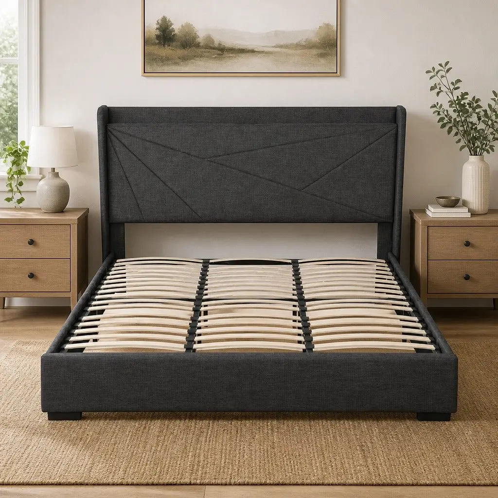 King Bed Frame Upholstered Charcoal Grey Gas Lift Storage with Charging Ports