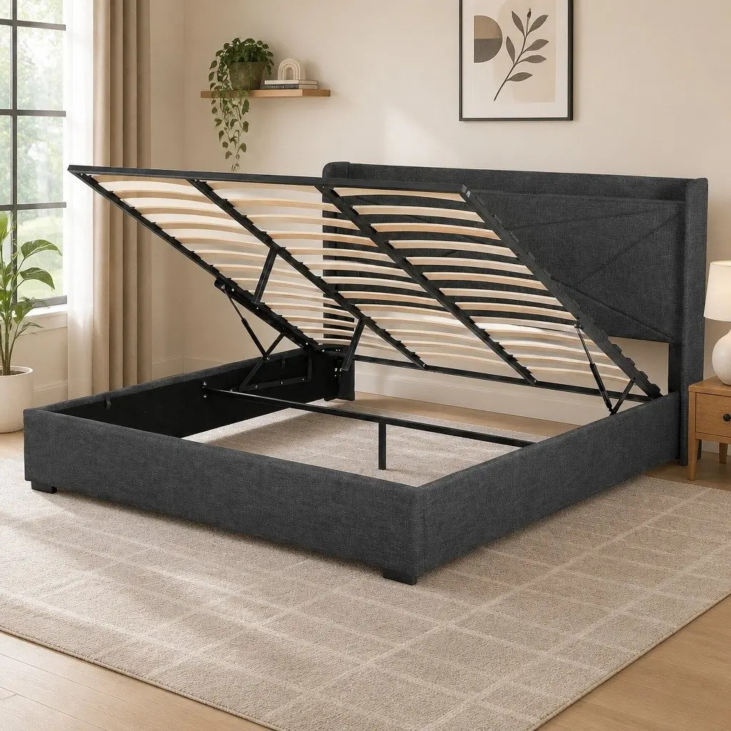 King Bed Frame Upholstered Charcoal Grey Gas Lift Storage with Charging Ports