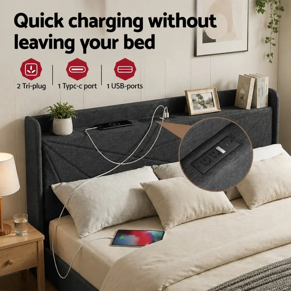 King Bed Frame Upholstered Charcoal Grey Gas Lift Storage with Charging Ports