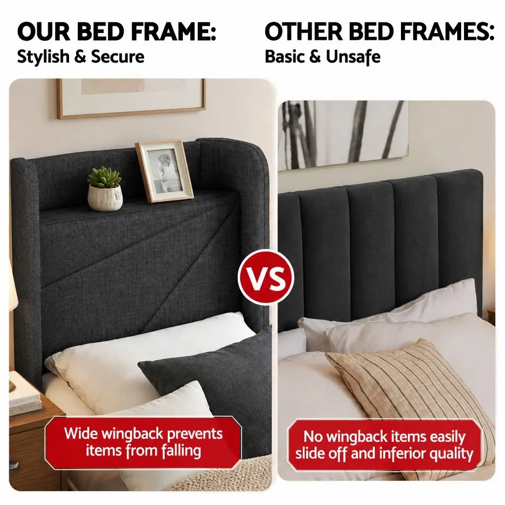 King Bed Frame Upholstered Charcoal Grey Gas Lift Storage with Charging Ports