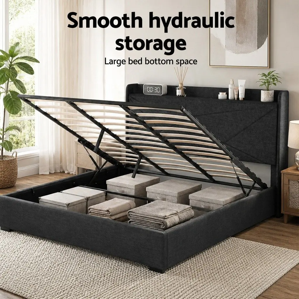 King Bed Frame Upholstered Charcoal Grey Gas Lift Storage with Charging Ports
