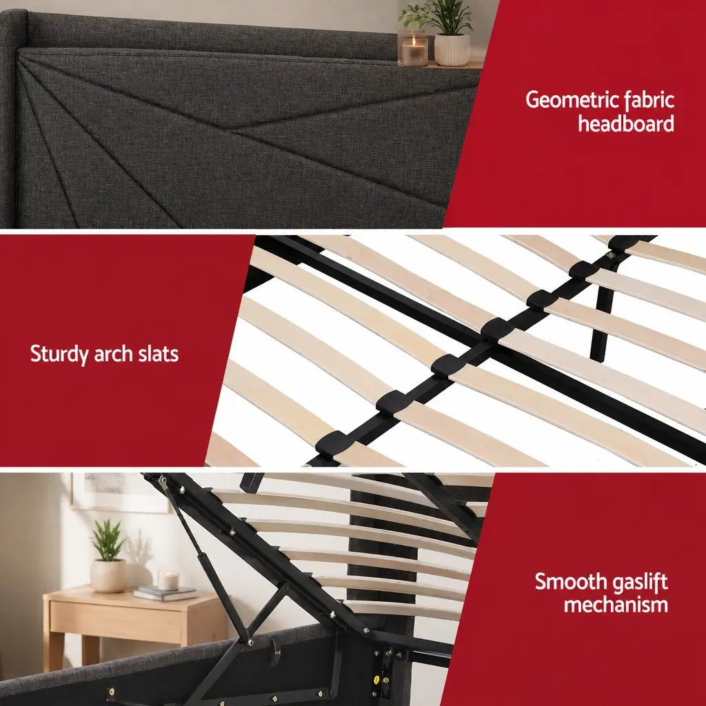 King Bed Frame Upholstered Charcoal Grey Gas Lift Storage with Charging Ports