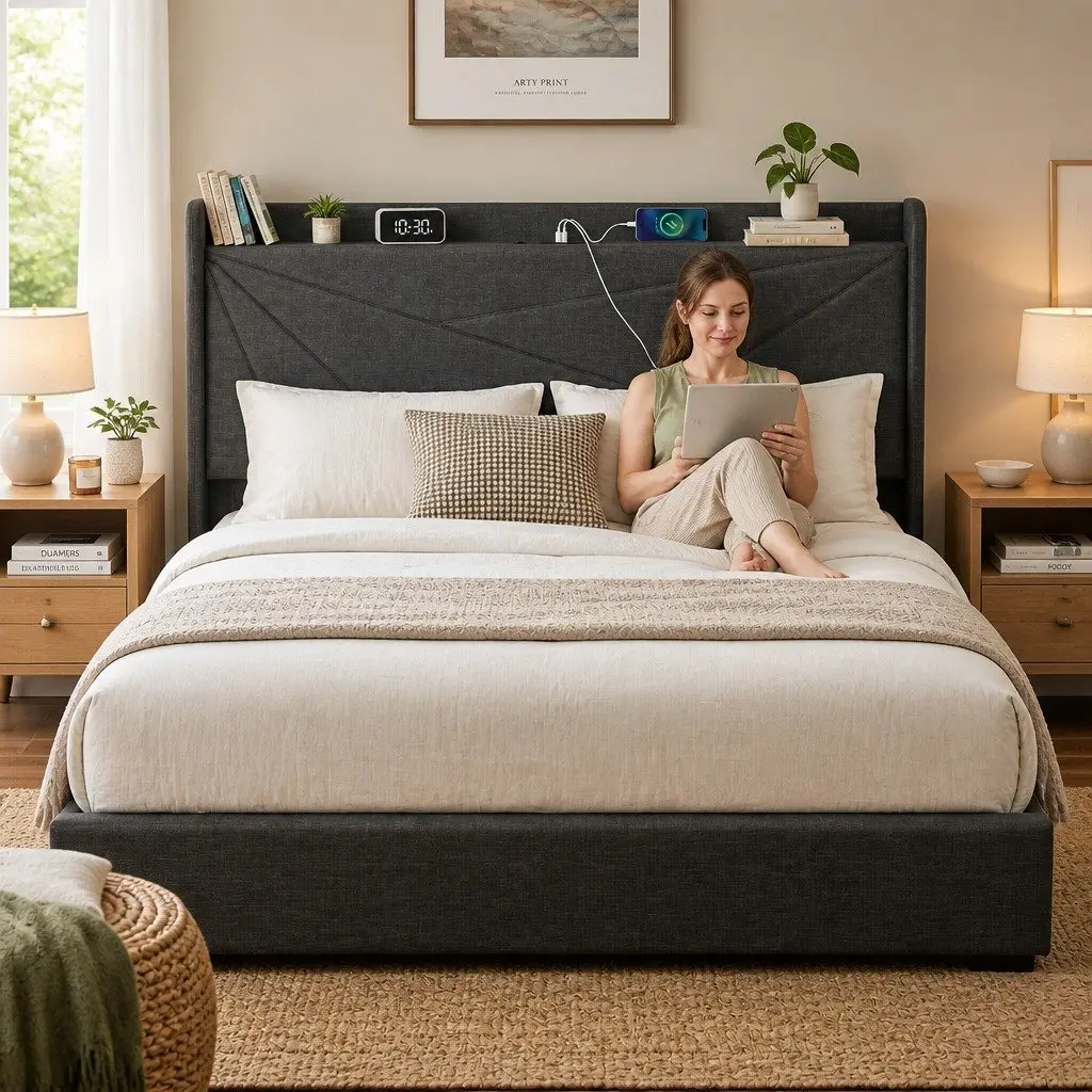 King Bed Frame Upholstered Charcoal Grey Gas Lift Storage with Charging Ports