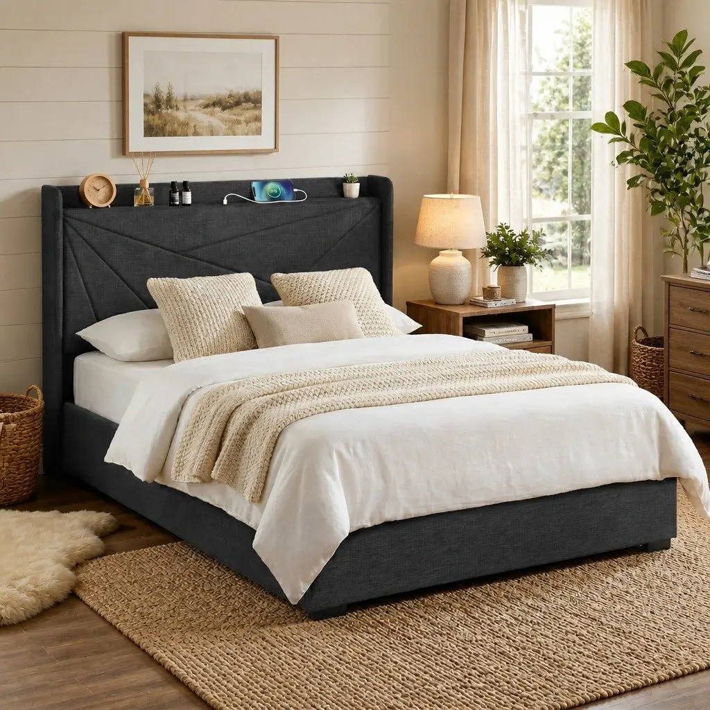 Queen Bed Frame Gas Lift Storage Upholstered Geometric 165W x 221L x 123H cm Plywood Pine Wood Faux Linen Fabric Metal