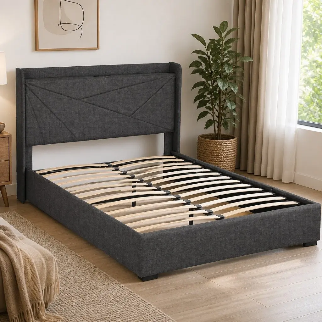 Queen Bed Frame Gas Lift Storage Upholstered Geometric 165W x 221L x 123H cm Plywood Pine Wood Faux Linen Fabric Metal
