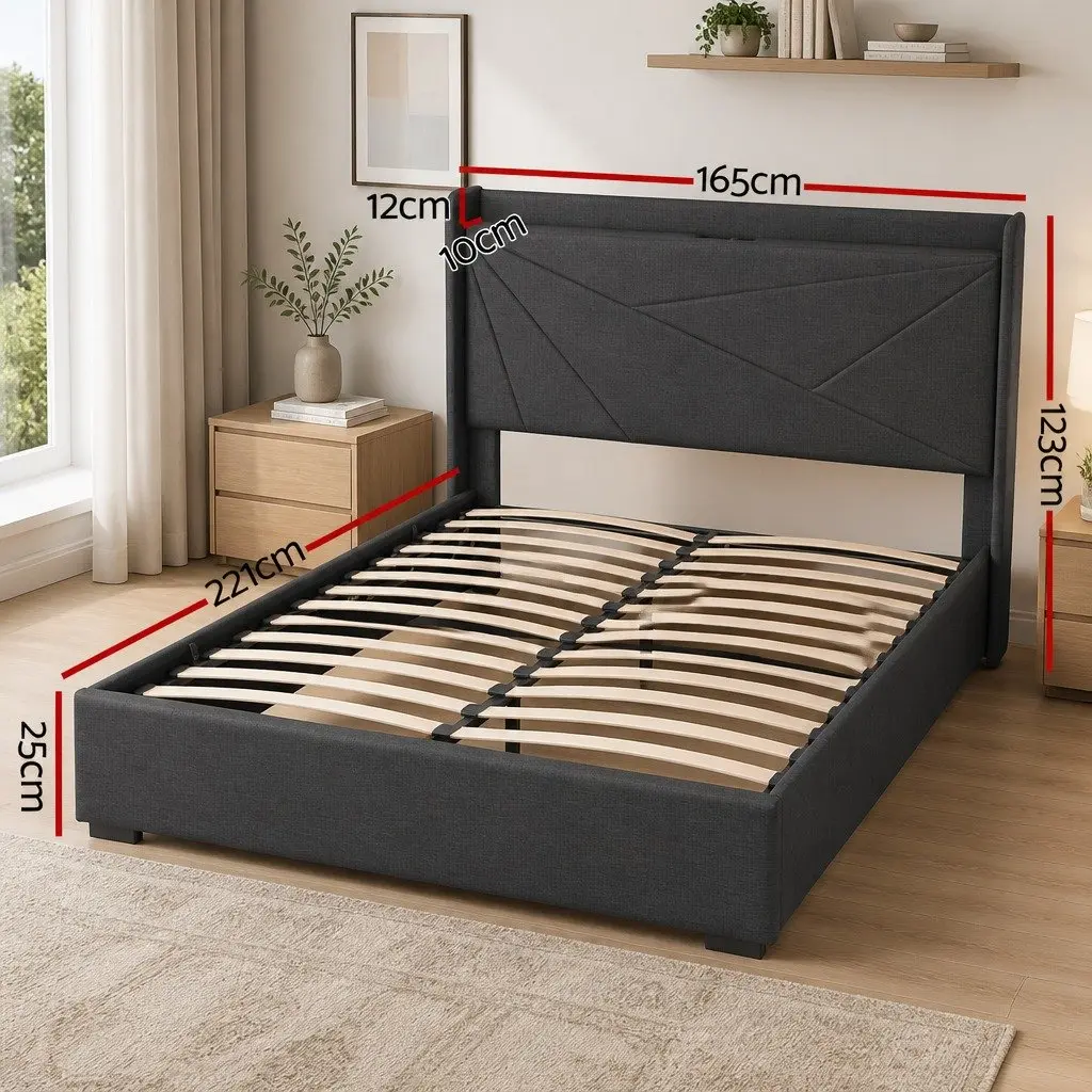 Queen Bed Frame Gas Lift Storage Upholstered Geometric 165W x 221L x 123H cm Plywood Pine Wood Faux Linen Fabric Metal