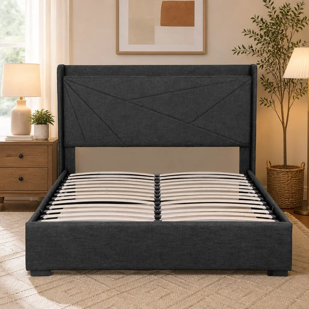 Queen Bed Frame Gas Lift Storage Upholstered Geometric 165W x 221L x 123H cm Plywood Pine Wood Faux Linen Fabric Metal